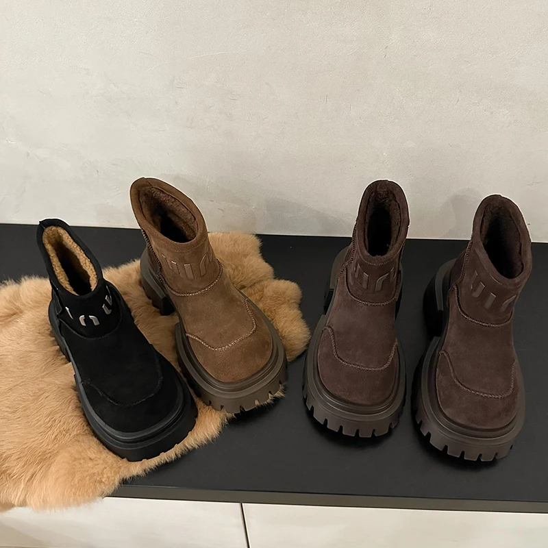 欧货小个子加绒马丁靴女2024年冬季新款磨砂大头雪地棉靴短靴