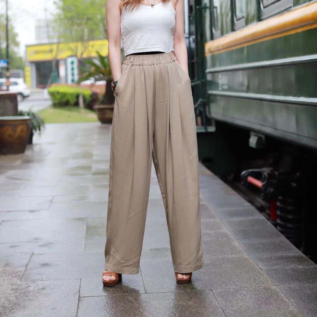【哲思凡原创设计女装】夏季新款显瘦气质压褶松紧腰长裤休闲裤