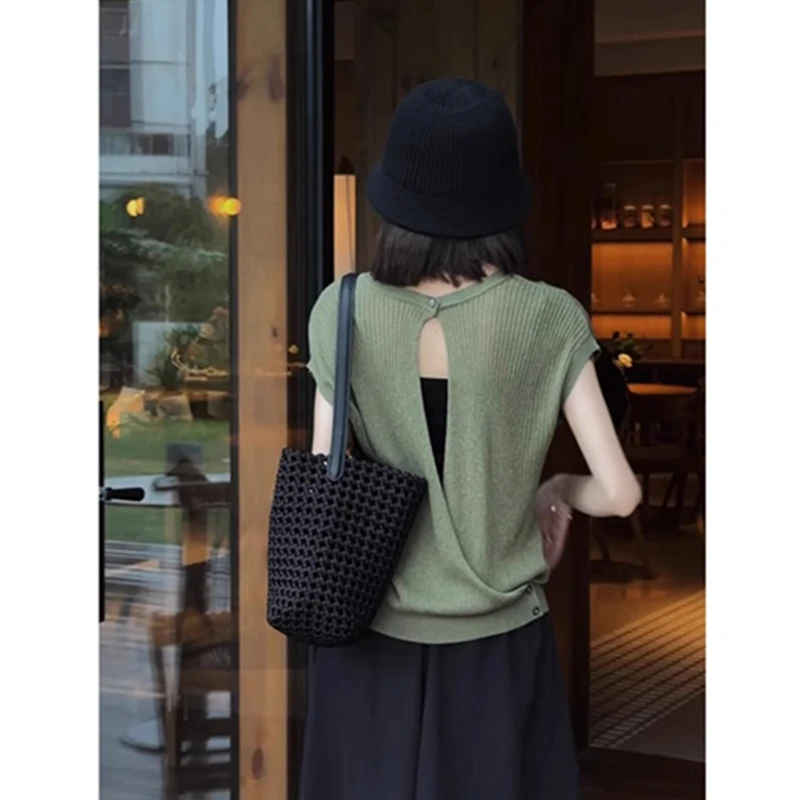 冰丝镂空露背飞飞袖针织衫女2024新款夏季宽松小个子休闲洋气上衣