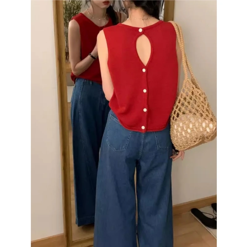 超好看的红色冰丝针织背心女薄款夏季外穿后背镂空高级感无袖上衣