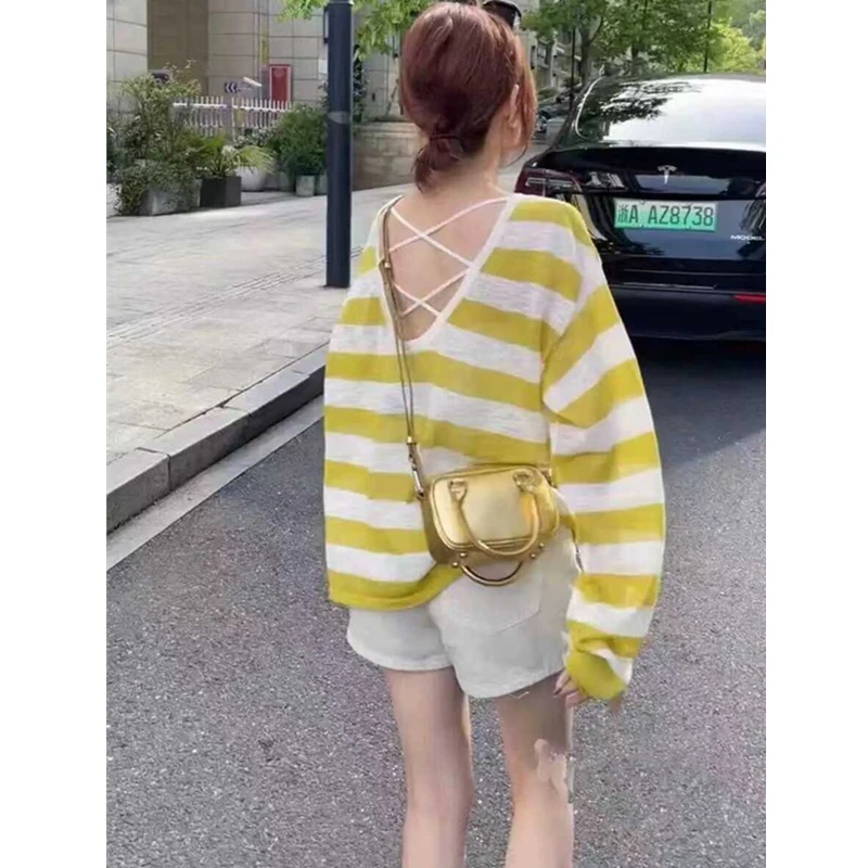 夏季薄款针织长袖T恤女条纹防晒衫露背小心机女上衣宽松减龄百搭