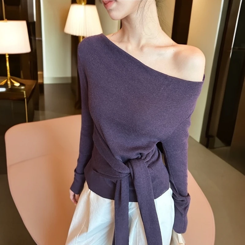 紫色氛围感斜领系带收腰针织衫女春秋不规则修身别致显白绝美上衣
