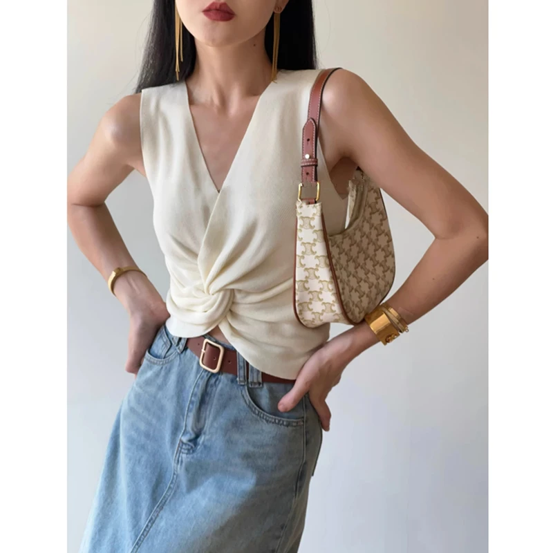法式V领纽结吊带辣妹小背心女夏季外穿针织马甲修身短款无袖上衣