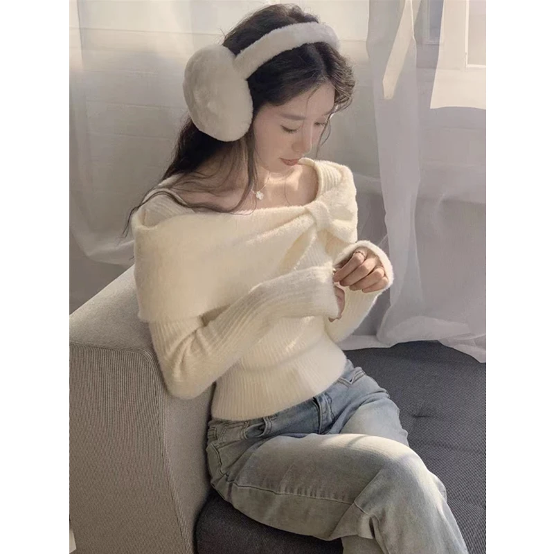 法式蝴蝶结内搭打底衫女初秋毛衣针织衫修身短款长袖锁骨掐腰上衣