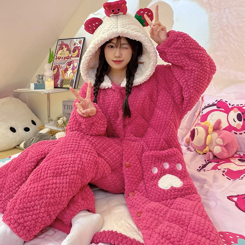 三层夹棉加厚睡袍冬季珊瑚绒睡衣女士卡通可爱加绒保暖家居服 991