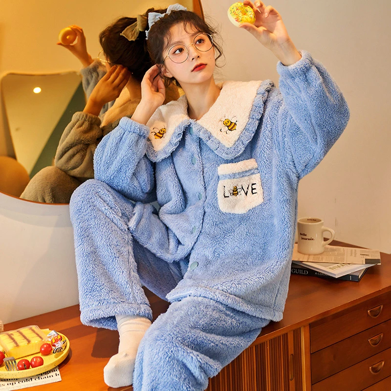 珊瑚绒睡衣女士秋冬季加厚卡通韩版法兰绒可外穿家居服套装 2188