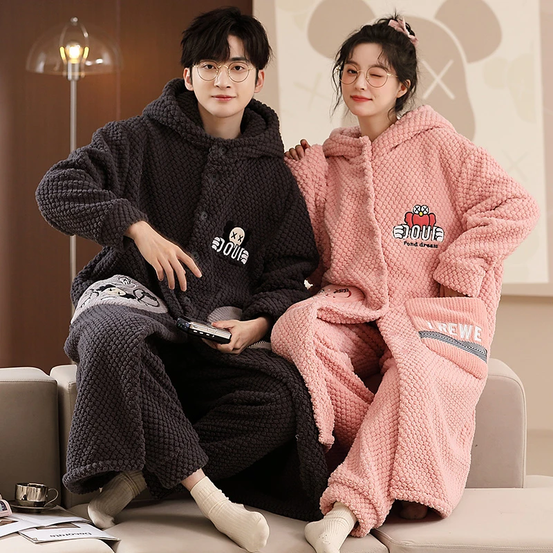 秋冬季珊瑚绒睡袍韩版卡通情侣睡衣女法兰绒宽松男士家居服 2282
