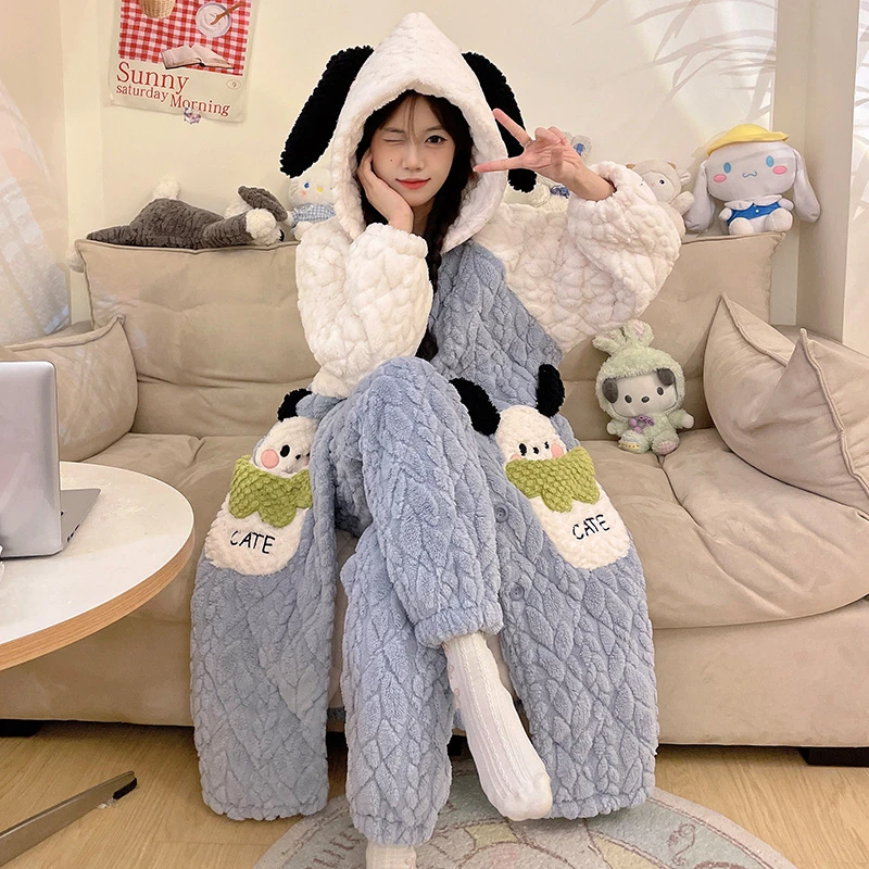三层夹棉加厚加绒睡袍冬季卡通可外穿珊瑚绒睡衣女士家居服 3306