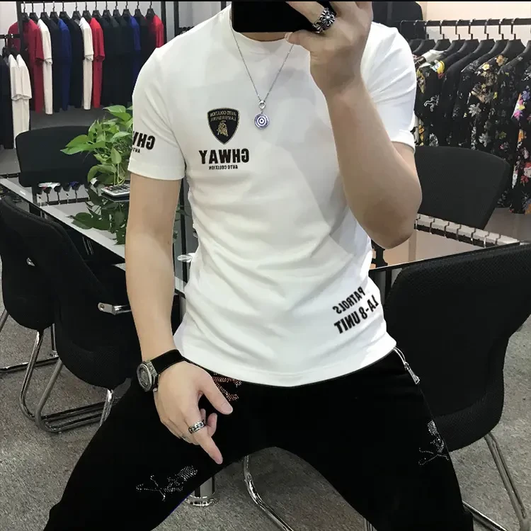 欧洲站2025夏季新款潮牌修身印花短袖T恤男圆领青年透气上衣男装