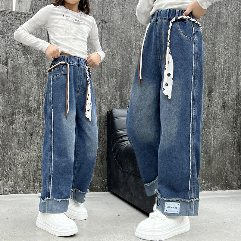 女童裤子百搭新款春秋时髦洋气儿童中大童直筒长裤秋季牛仔阔腿裤