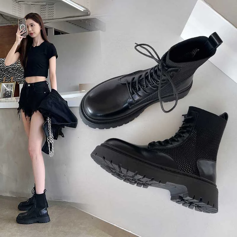 夏季马丁靴女2023新款靴子女夏纱网镂空短靴夏天薄款厚底弹力袜靴