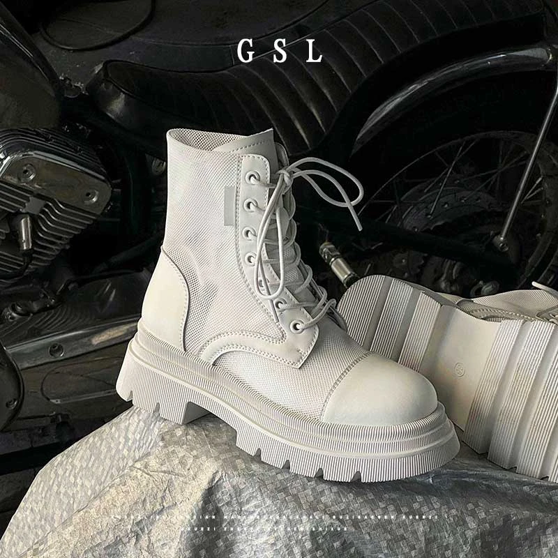 马丁靴女夏镂空短靴女薄款透气网靴白色瘦瘦靴真皮网面英伦风靴子