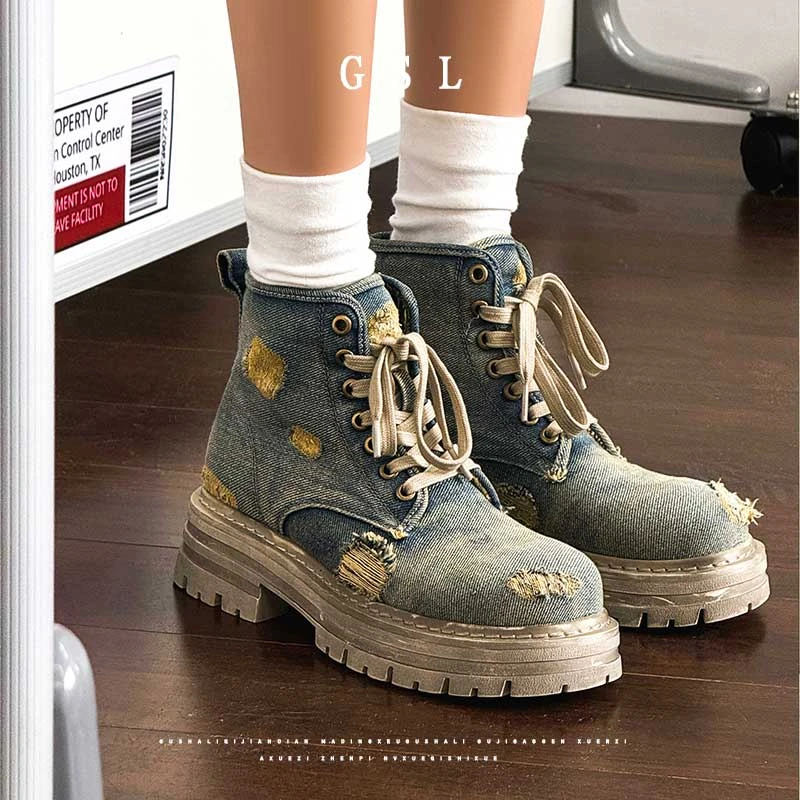 牛仔马丁靴夏季破洞短靴系带靴子工装风靴子厚底小个子靴复古单靴