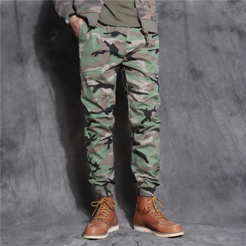 175迷彩束脚裤男潮美式复古做旧工装松紧腰休闲裤纯棉修身百搭裤