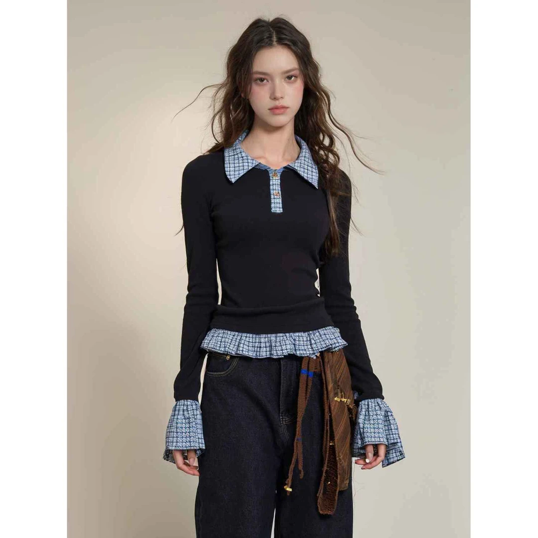 极简风POLO领格子撞色长袖T恤2024秋季新款简约百搭宽松显瘦上衣