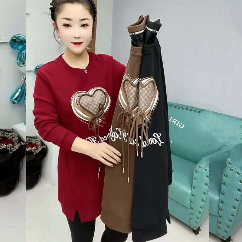 加绒加厚百搭秋冬卫衣长袖宽松新款中长款时尚休闲洋气心型上衣女