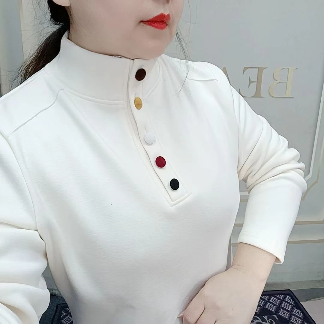 2024加绒设计新款纽扣高领长袖时尚打底秋冬洋气上衣女拼接一体绒