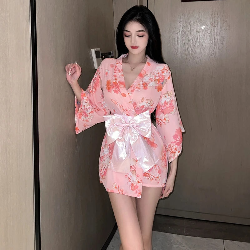 印花复古束腰和服睡衣粉色碎花可爱樱花居家服家居服薄款诱惑日式