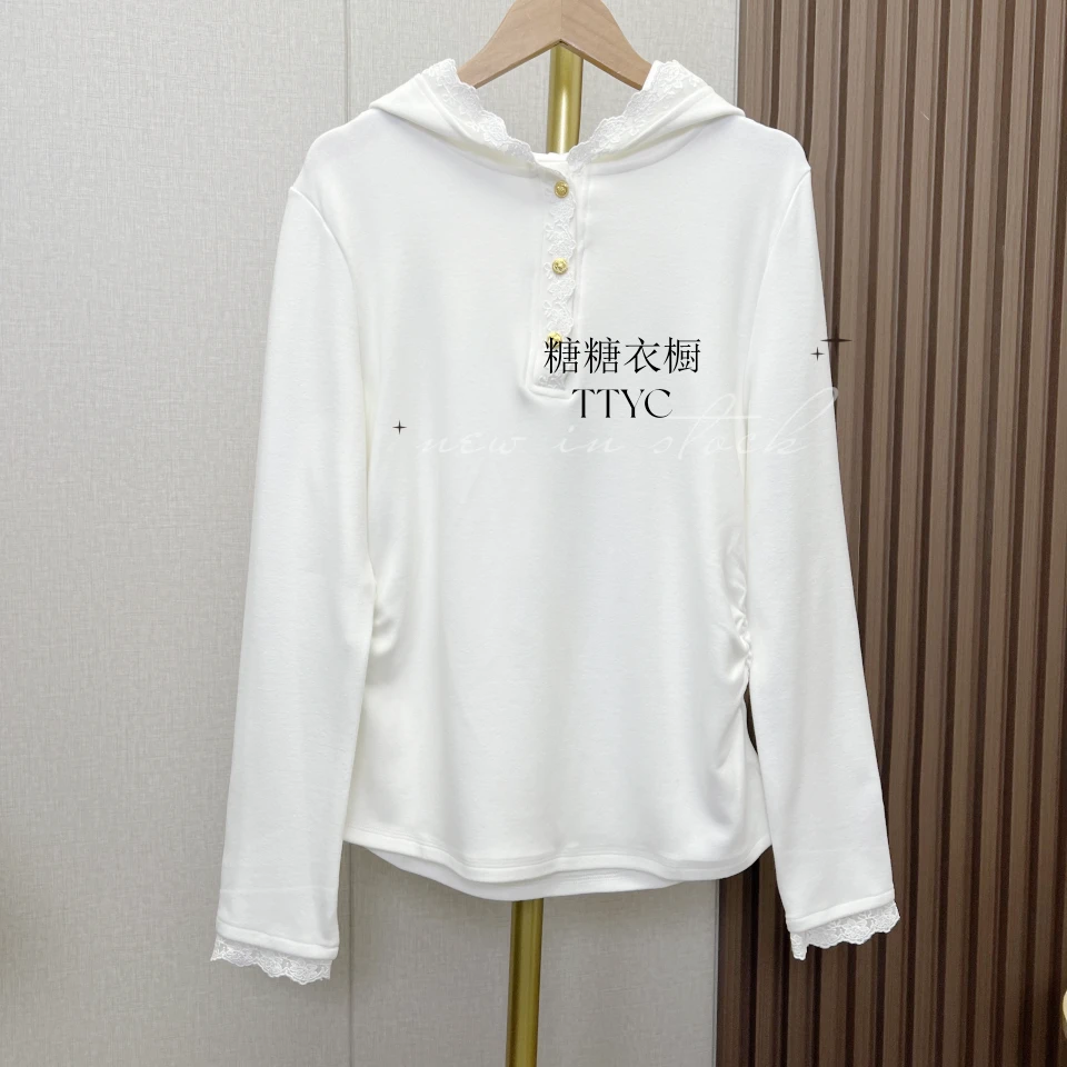 【糖糖衣橱】“蕾丝帽衫”秋冬单排扣设计拼接蕾丝卫衣帽衫