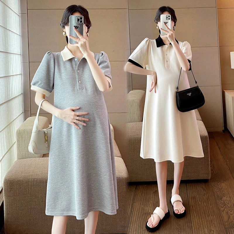 翻领超大码孕妇装宽松连衣裙潮妈洋气款网红哺乳短袖连衣裙200斤