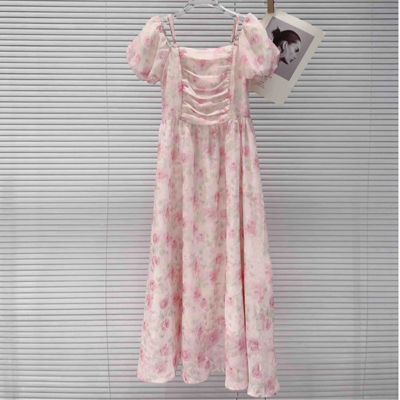 BILIFU/必丽肤L1715方领一字肩碎花女装连衣裙春夏法式收腰长裙