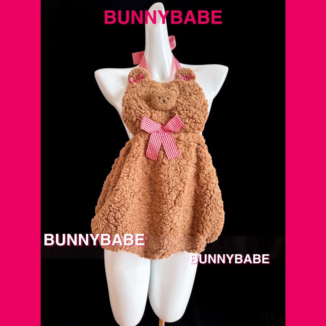 【甜心小熊】可爱二次元毛绒柔软吊带露背蝴蝶结小熊发夹连衣裙