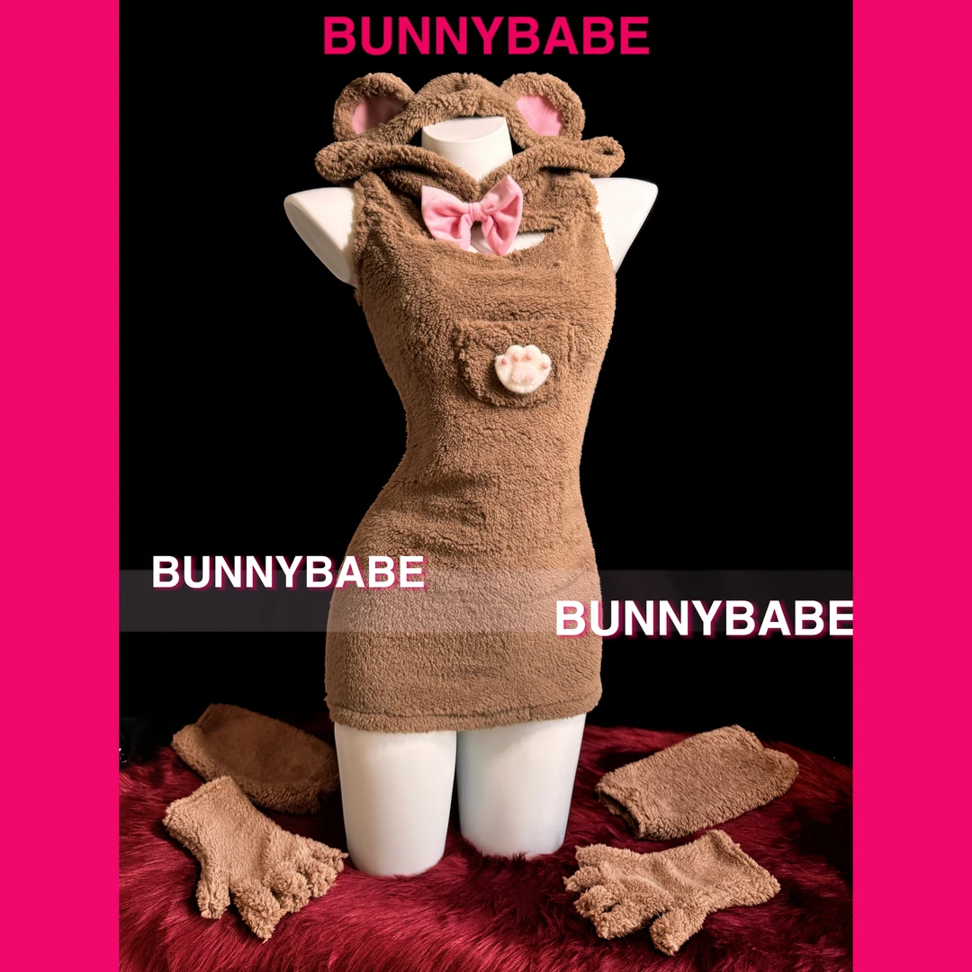 【甜心熊仔】咖色可爱毛绒连帽连体装柔软元气少女游戏装ins连衣裙