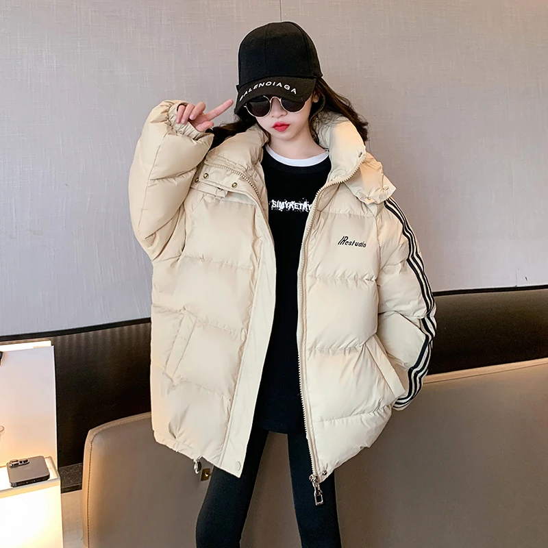 女大童冬季棉服2025新款韩版拉条连帽冬装中小学生保暖外套洋气ol