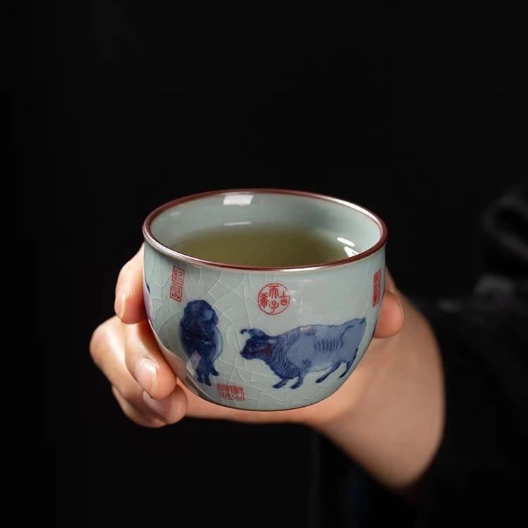 老陶泥青花瓷五牛图主人杯缸杯家用陶瓷个人杯品茗杯功夫茶碗茶盏