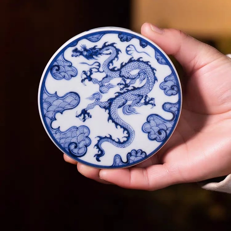 景德镇陶瓷仿古泥青花龙纹盖置家用杯垫复古壶承盖托茶道零配件