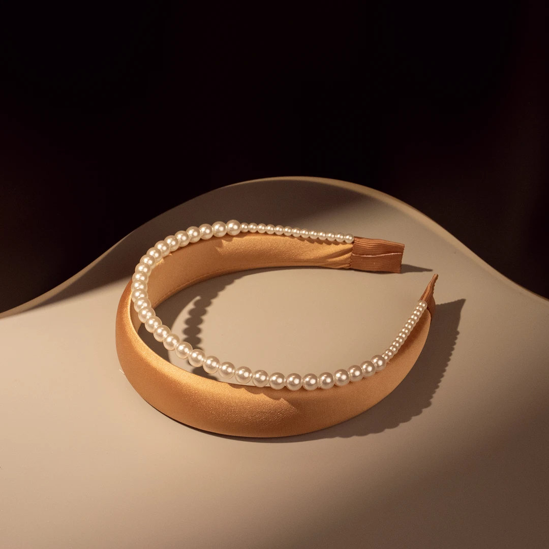 【W&M】 温柔白色珠珠卡其色发箍#0114