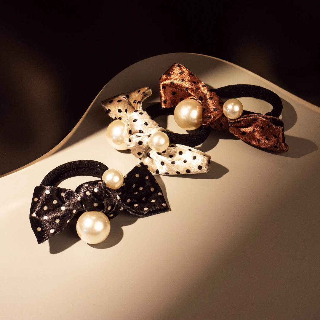 【W&M】丝绒波点蝴蝶结珠珠发绳#0178