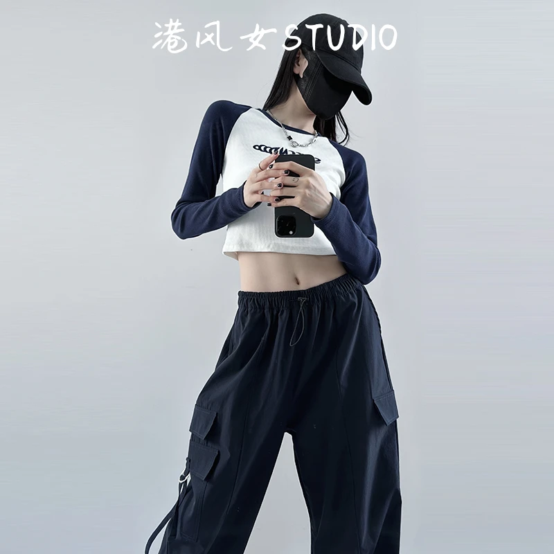 港风女工装裤女秋季多口袋高腰美式复古小个子2024新款运动阔腿裤