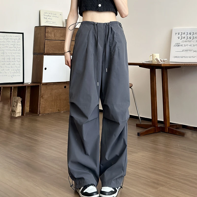 灰色工装裤女春秋薄款2025新款美式抽绳直筒复古小个子降落伞