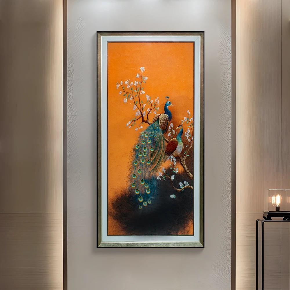 高端刺绣立体实物装饰画苏绣入户玄关挂画钢化玻璃装裱挂画孔雀14