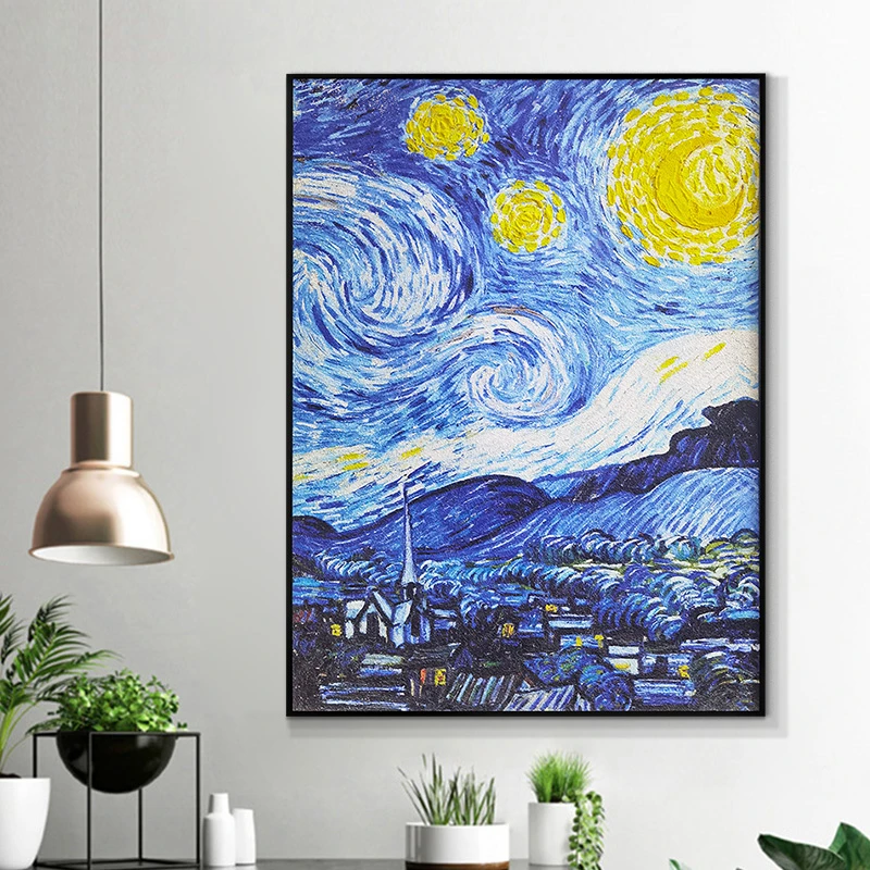 现代岩板装饰画 梵高星空复刻壁画 沙发背景世界名画星空6080
