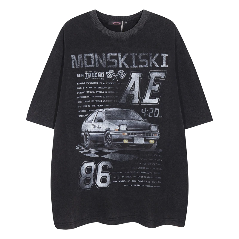 HALOISME美式复古做旧洗水短袖AE86秋名山印花宽松男士街头T恤