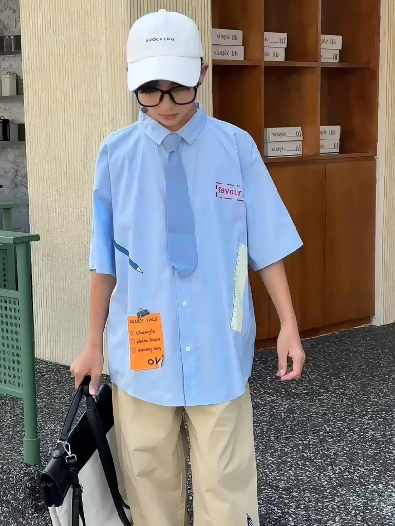 COCOTREE棵棵树夏季男女童纯棉休闲格子领带短袖衬衫学院风1112