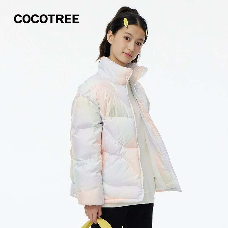 COCOTREE棵棵树女大童冬季面包服立领花色迷彩宽松短款羽绒服