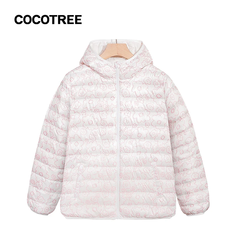 COCOTREE棵棵树女童秋冬花朵印花连帽儿童羽绒服冬季保暖宽松时尚