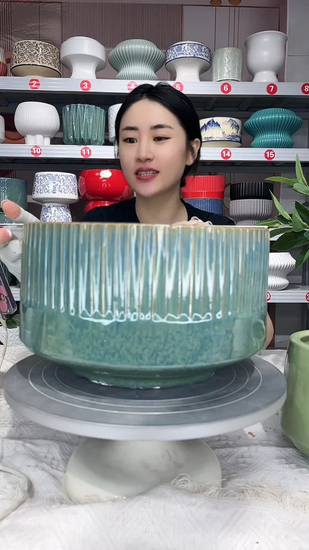【闪购商品】陶瓷20CM以下高温陶瓷花盆-01新绿竖纹大27*16