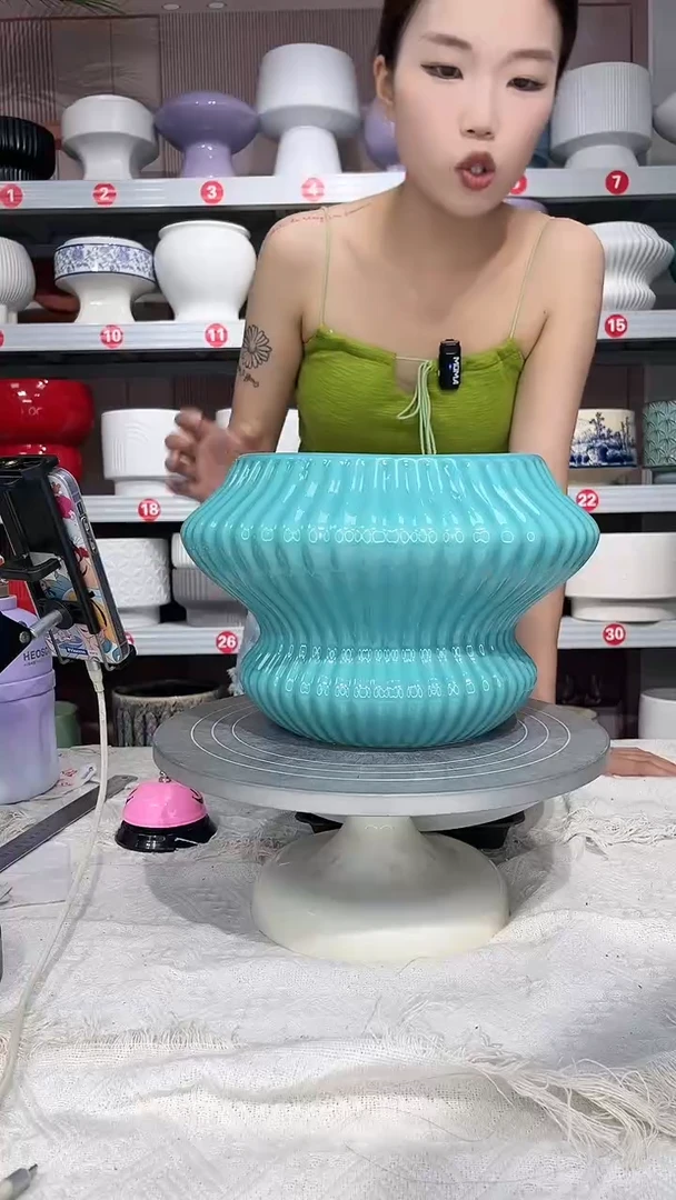 【闪购商品】陶瓷20CM以下高温陶瓷花盆-提夫尼蓝竖飞碟*椭圆口