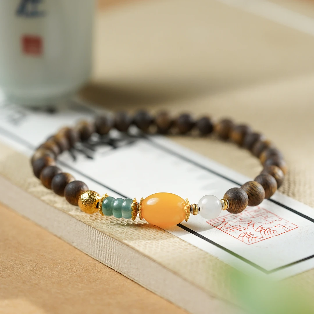 沉香【知宛】海南绿奇楠沉香蜜蜡顶珠6MM单圈手串小众饰品精致正宗