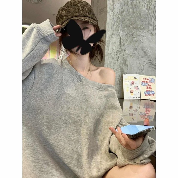 美式慵懒斜肩卫衣女早秋季新款宽松松弛感oversize甜辣妹长袖上衣