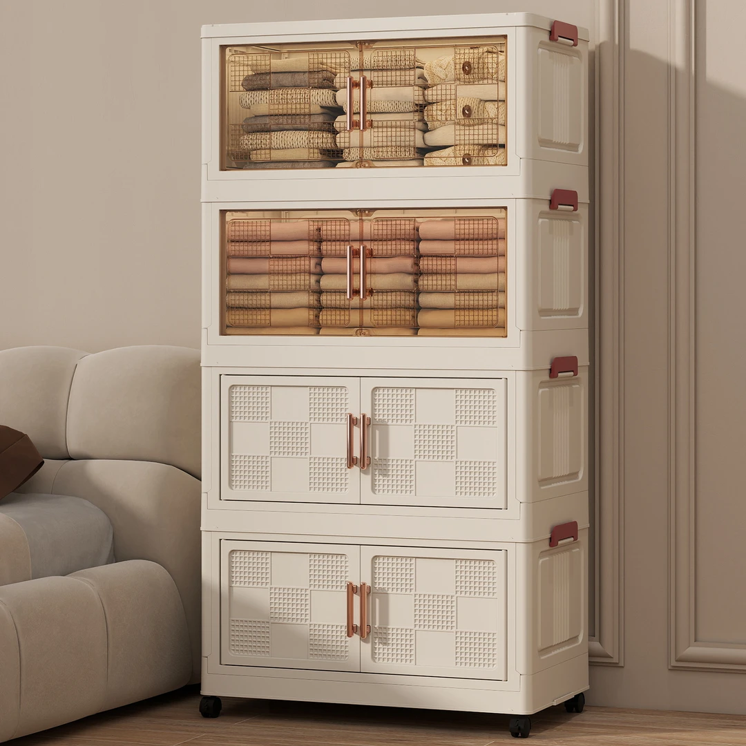 60cm【三-四层】华夫格收纳柜透明双开门客厅简易可折叠免安装置物