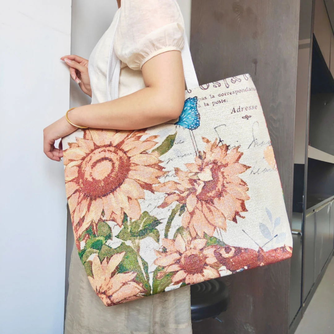 向日葵花语双面针织刺绣休闲时尚百搭金丝线手提单肩帆布包