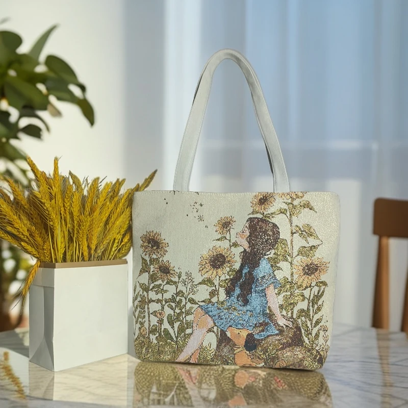 向日葵小女孩时尚百搭休闲针织刺绣简约帆布金丝线手提单肩包