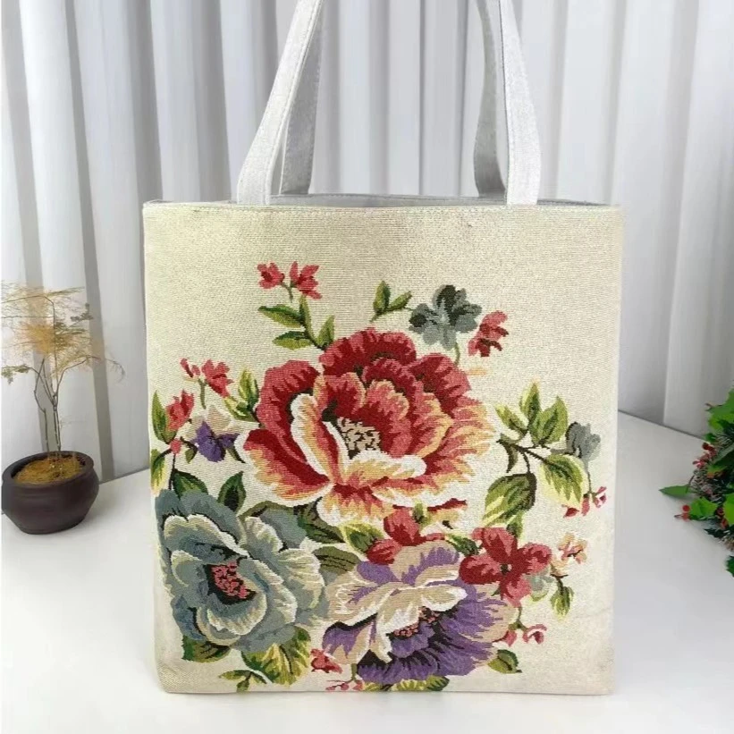 米色牡丹中国风双面民族风时尚简约针织刺绣加金丝线手提包