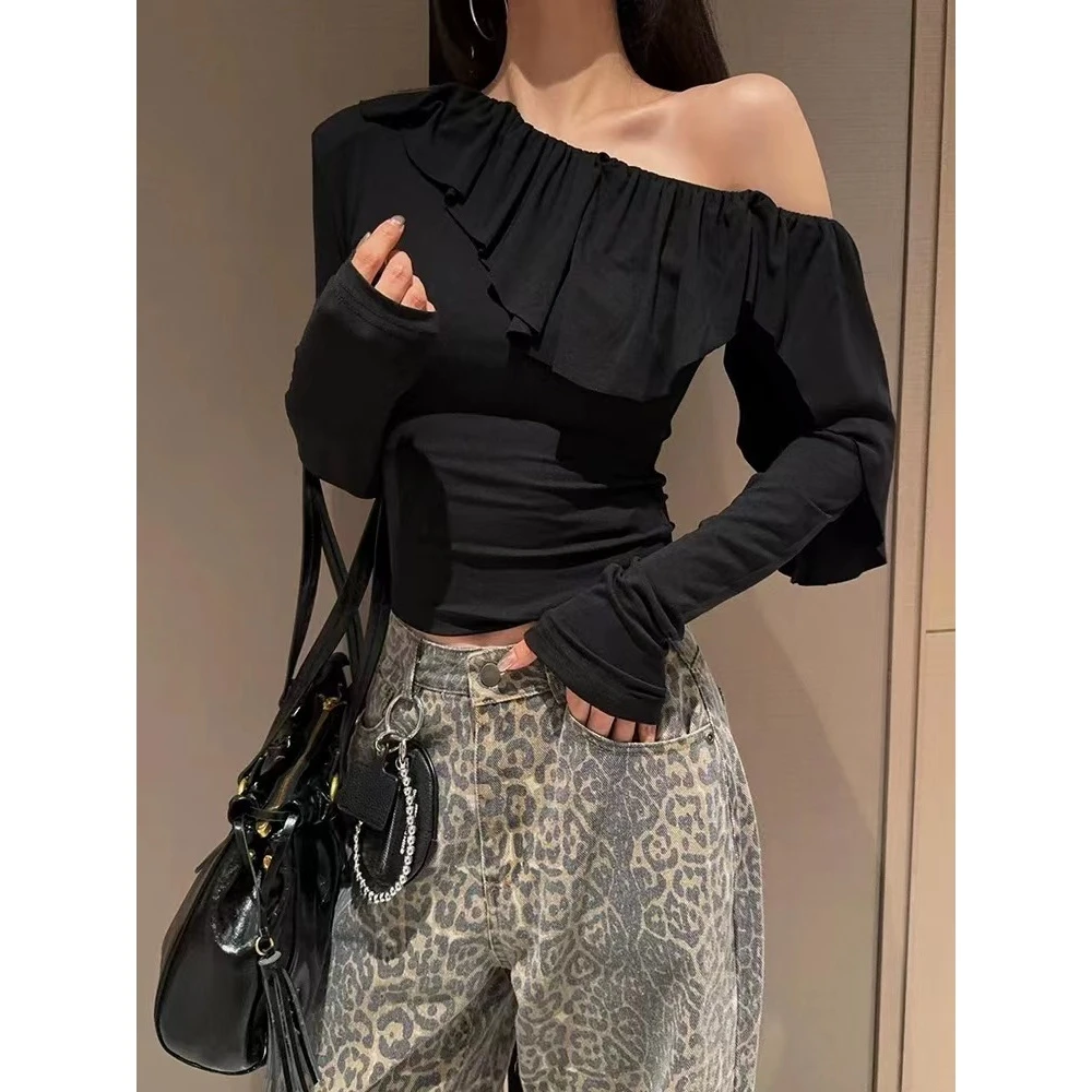 韩版荷叶边一字肩长袖t恤女秋冬新款小众设计感休闲百搭显瘦上衣