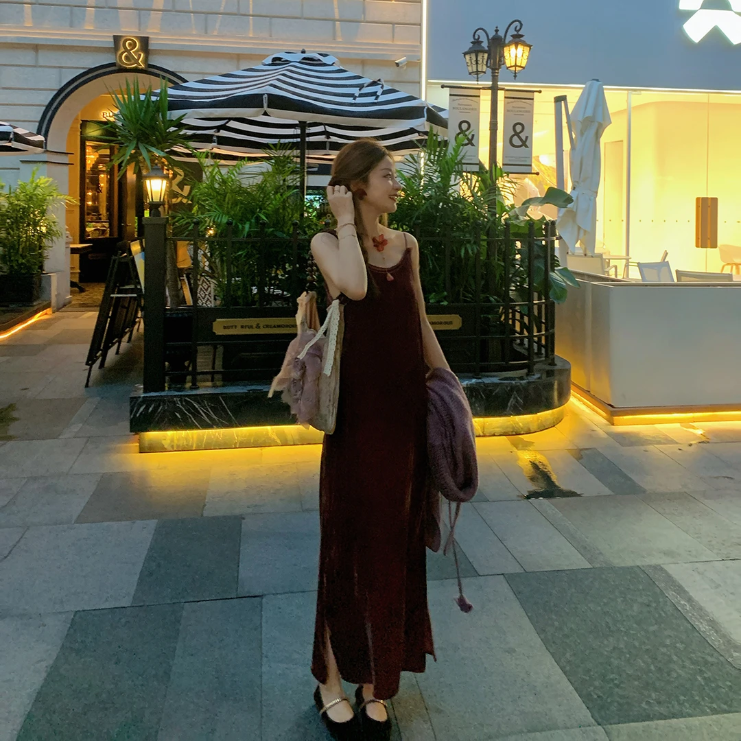 崔与熙CUIXI【松茶可可】中国风丝绒吊带连衣裙小个子长裙古风穿搭